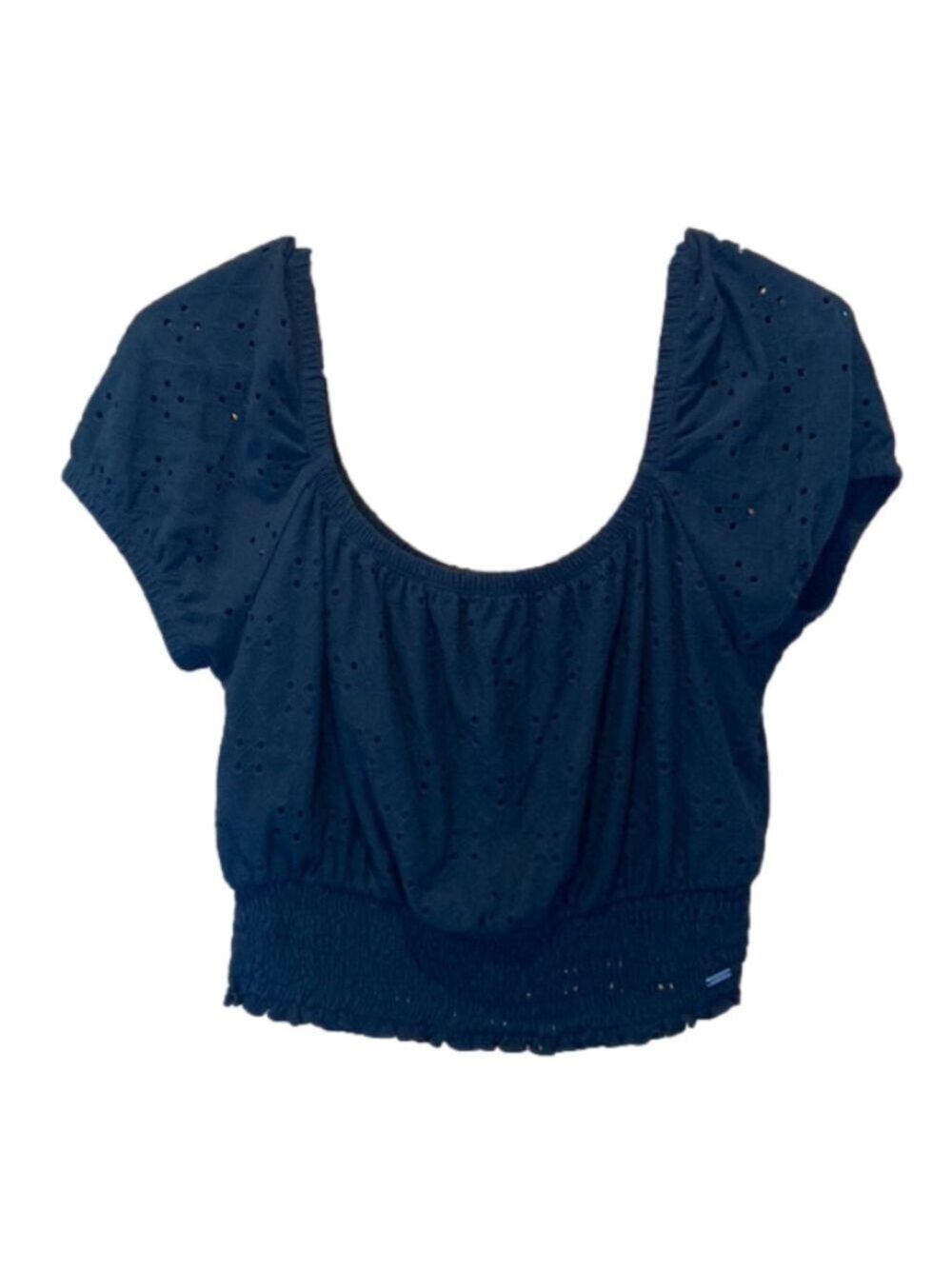 Hollister Women's Black eyelet Puff Sleeve Crop Top Smocked Milkmaid Size Medium